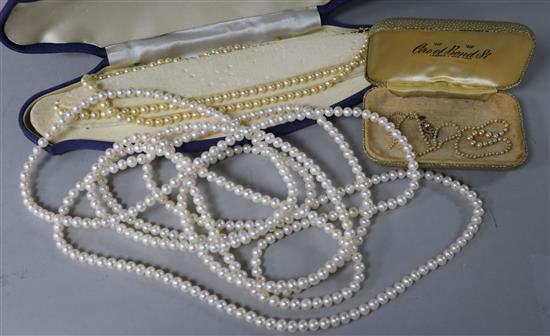 Two cultured pearl necklaces and a seed pearl necklace with diamond set clasp.